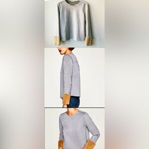 Zara Faux Suede Long Sleeve Fur Cuff Sleeve Grey Beige Blouse Top Jumper Size S